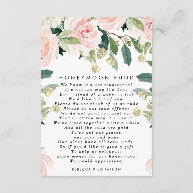 pink blush floral wedding honeymoon fund card (Front)