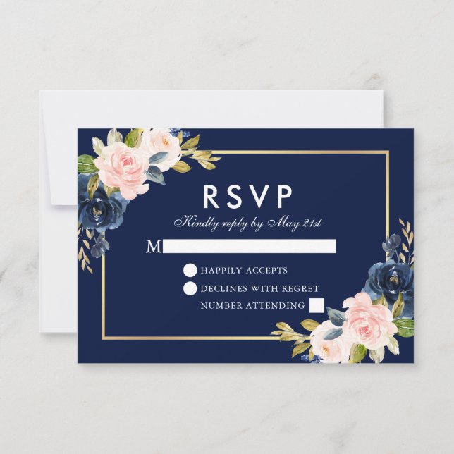 Pink Blush Floral Wedding RSVP Blue Gold (Front)