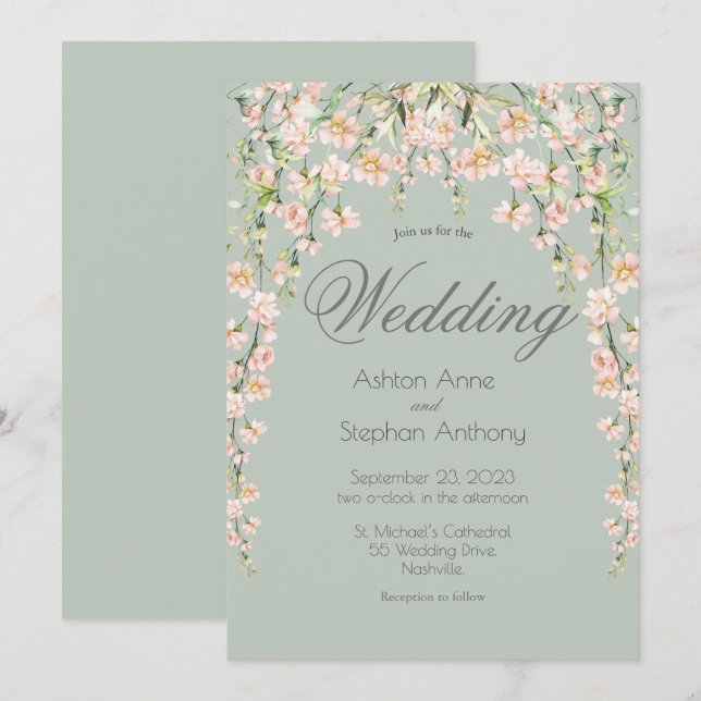 Pink Blush Floral Wildflowers Chic Elegant Wedding Invitation (Front/Back)