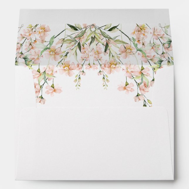 Pink Blush Floral Wildflowers White Wedding Envelope (Back (Bottom))