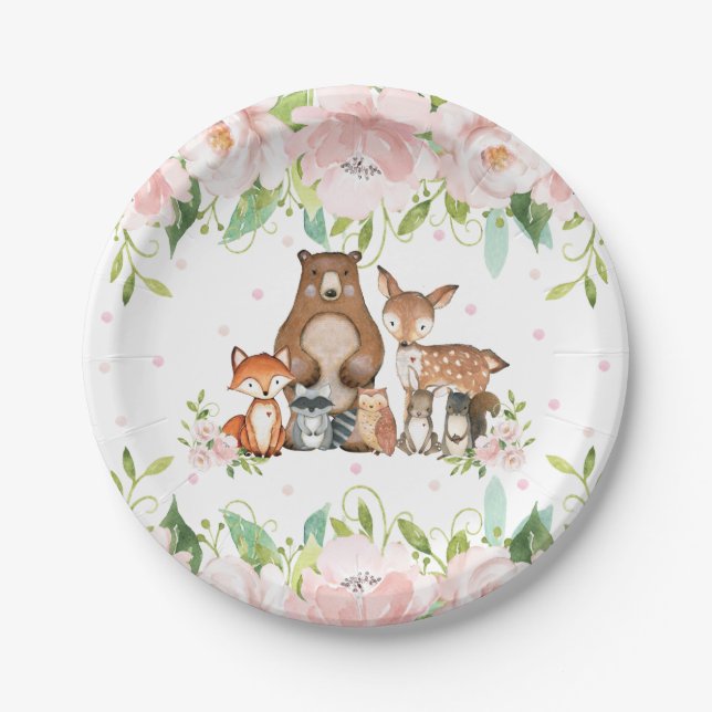 Pink Blush Floral Woodland Animals 1st Birthday Paper Plate (Front)