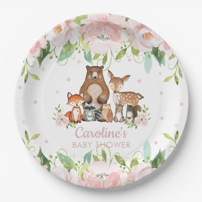 Pink Blush Floral Woodland Animals Baby Shower Paper Plate (Front)
