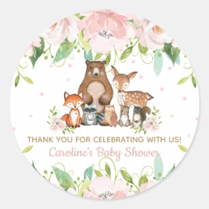 Pink Blush Floral Woodland Animals Thank You Favou Classic Round Sticker