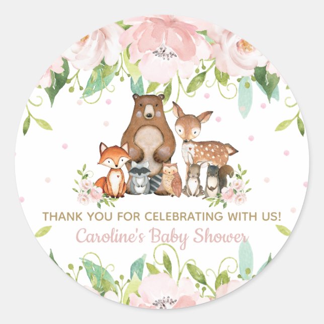 Pink Blush Floral Woodland Animals Thank You Favou Classic Round Sticker (Front)