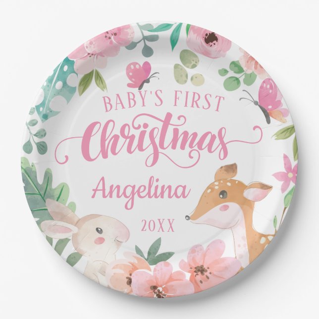 Pink Blush Floral Woodland Baby's 1st Christmas Paper Plate (Front)