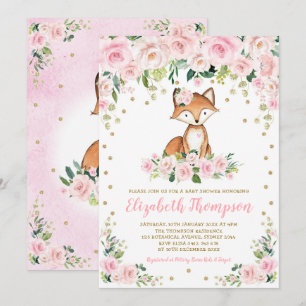 Pink Blush Floral Woodland Fox Baby Girl Shower Invitation