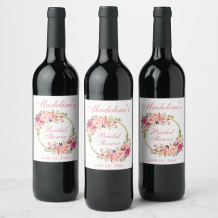 Pink Blush Floral Wreath Bridal Shower Wine Label