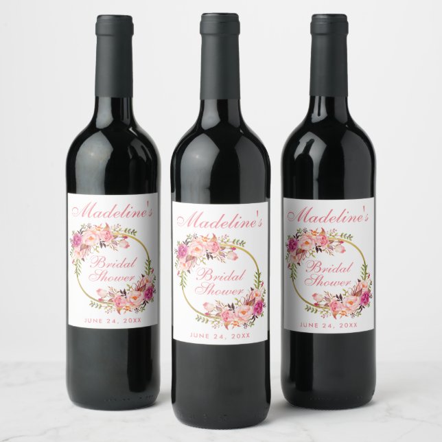 Pink Blush Floral Wreath Bridal Shower Wine Label (Bottles)