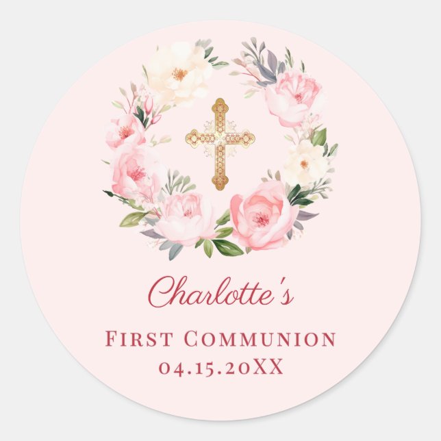 Pink blush floral wreath First Communion Classic Round Sticker (Front)