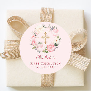 Pink blush floral wreath First Communion Classic Round Sticker