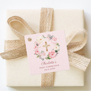 Pink blush floral wreath First Communion DIY Favour Tags