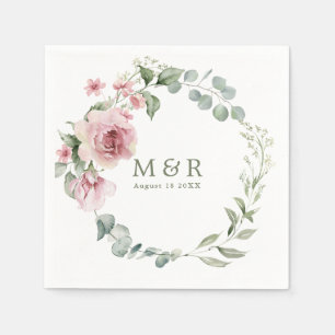  Pink Blush Floral Wreath Watercolor Wedding Napkin