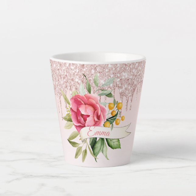Pink blush florals drips name latte mug (Front)
