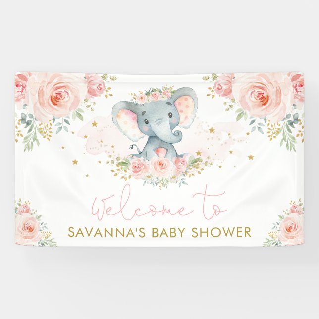 Pink Blush Flower Elephant Baby Girl Welcome Banner (Horizontal)