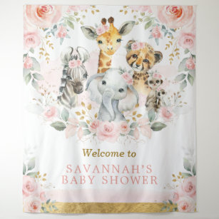 Pink Blush Flower Jungle Animal Baby Girl Welcome Tapestry