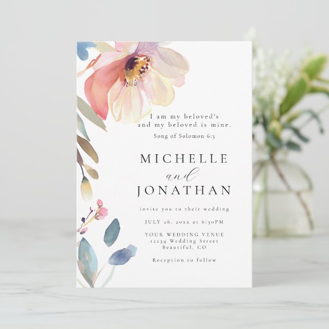 Pink Blush Flower Modern Christian Bible Wedding Invitation (Standing Front)