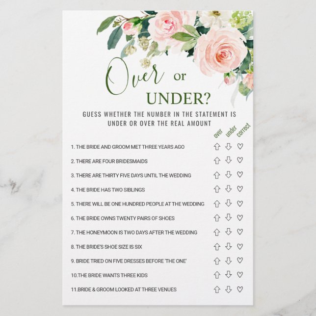 Pink Blush Flower Over Or Under Bridal Shower Game (Front)