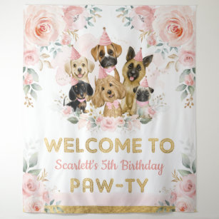 Pink Blush Flower Puppy Dogs Baby Girl Welcome Tapestry