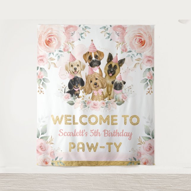 Pink Blush Flower Puppy Dogs Baby Girl Welcome Tapestry (Front)