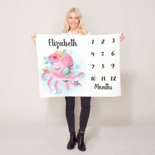 Pink Blush Flowers and Octopus Baby Milestone Fleece Blanket