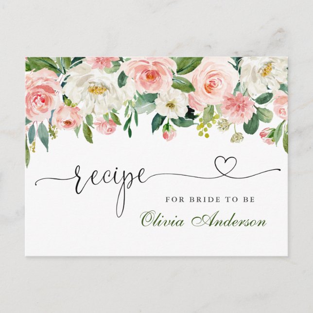 Pink Blush Flowers Bridal Shower Recipe Card (Front)