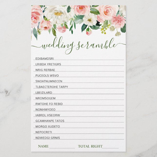 Pink Blush Flowers Bridal Shower Scramble Game (Front)