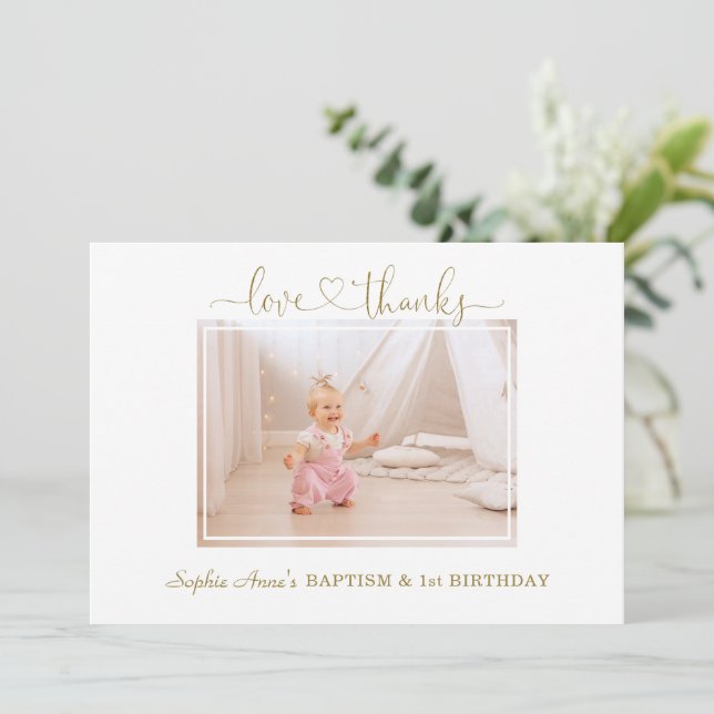 Pink blush Flowers Girl Photo 1st Birthday Baptism Thank You Card (Standing Front)