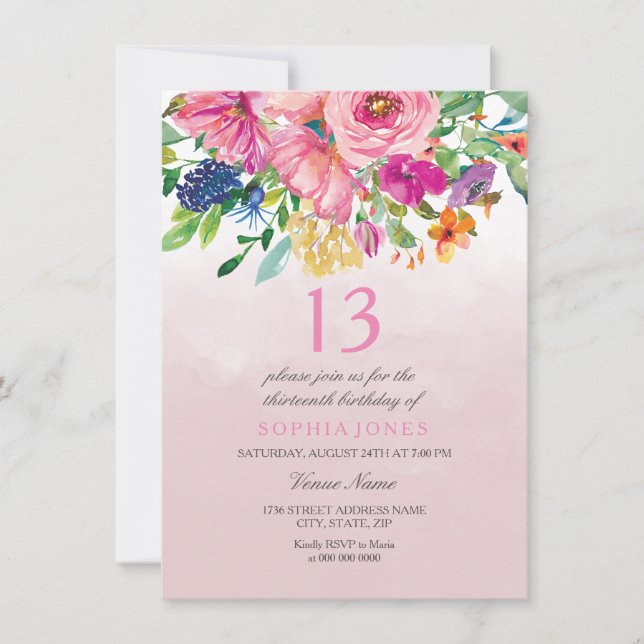 Pink Blush Flowers Girls 12th 13th 14th Birthday Invitation (Front)