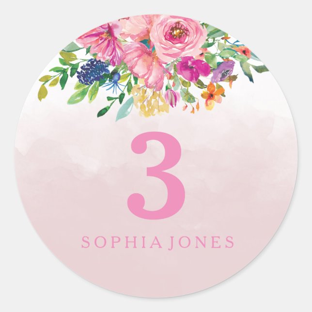 Pink Blush Flowers Girls Childrens Birthday Party Classic Round Sticker (Front)