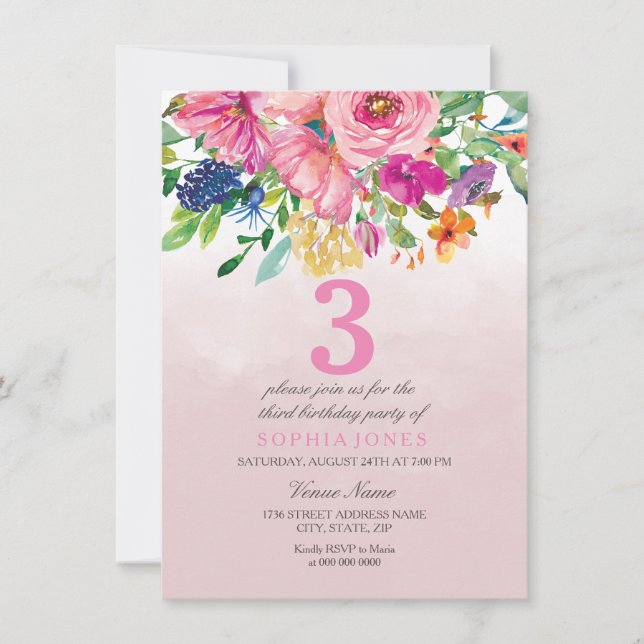Pink Blush Flowers Girls Childrens Birthday Party Invitation (Front)