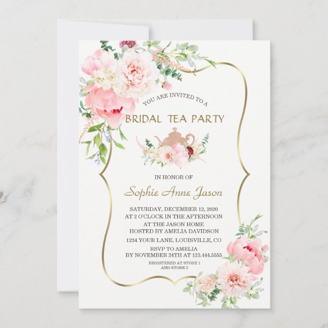 Pink Blush Flowers Gold Bridal Tea Party Invitation (Front)