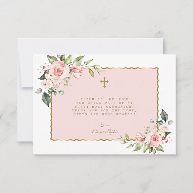 Pink Blush Flowers Gold Cross First Holy Communion Thank You Card (Front)