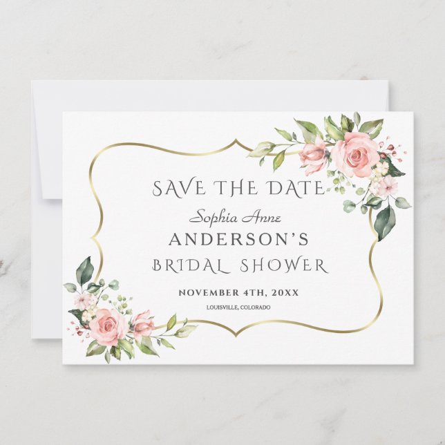 Pink Blush Flowers Gold Frame Bridal Shower Save The Date (Front)
