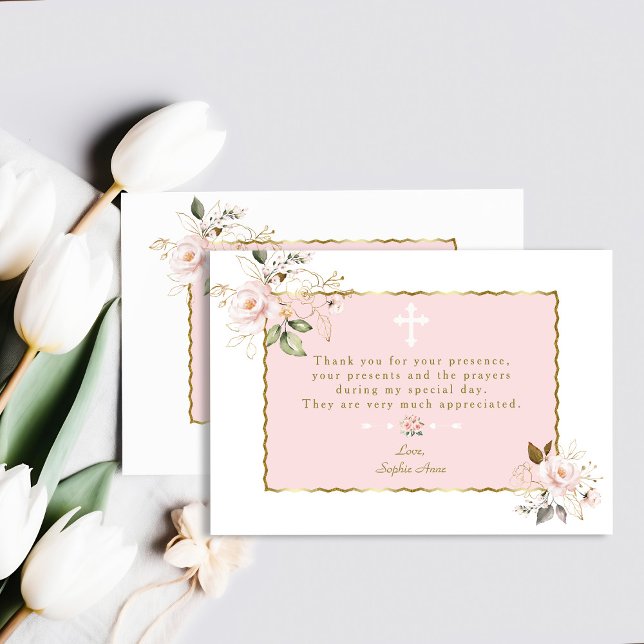Pink Blush Flowers Gold Frame Cross Baptism Thank You Card (Creator Uploaded)