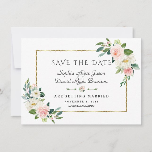 Pink Blush Flowers Gold Frame Navy Blue Wedding Save The Date (Front)