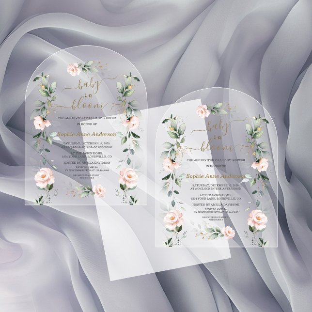 Pink Blush Flowers Gold Girl Baby in Bloom  Acrylic Invitations (Creator Uploaded)