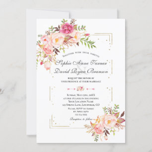 Pink Blush Flowers Gold Glitter Frame Wedding Invitation