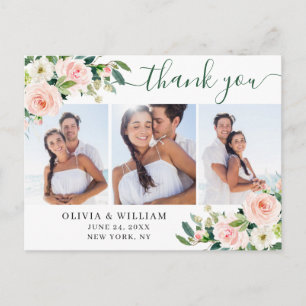 Pink Blush Flowers Greenery 3 Photo Thank You Postcard