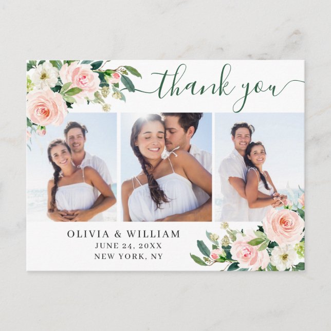 Pink Blush Flowers Greenery 3 Photo Thank You Postcard (Front)