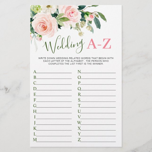 Pink Blush Flowers Greenery Bridal Shower Game (Front)