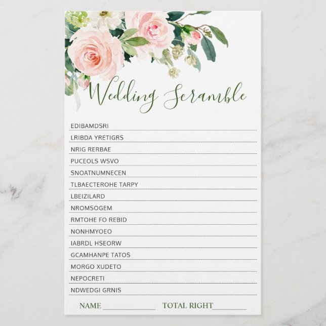 Pink Blush Flowers Greenery Bridal Shower Game (Front)