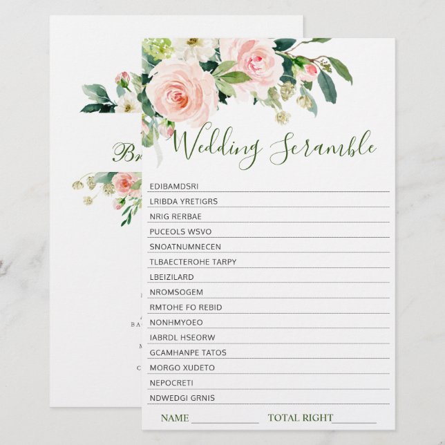 Pink Blush Flowers Greenery Bridal Shower Game (Front/Back)