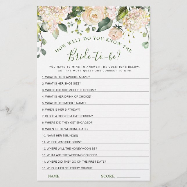 Pink Blush Flowers Greenery Bridal Shower Game (Front)