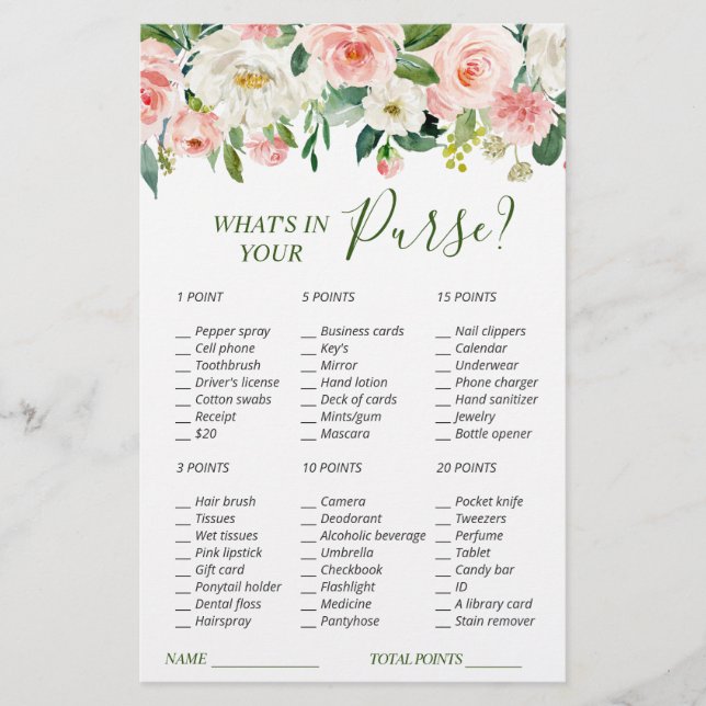 Pink Blush Flowers Greenery Bridal Shower Game (Front)