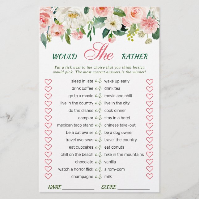 Pink Blush Flowers Greenery Bridal Shower Game (Front)