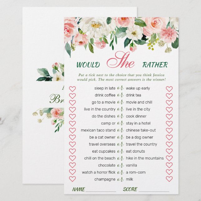 Pink Blush Flowers Greenery Bridal Shower Game (Front/Back)