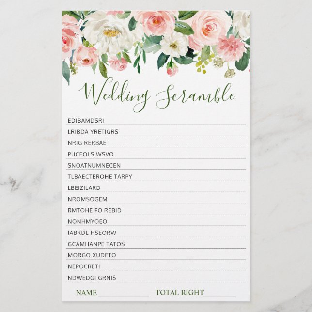 Pink Blush Flowers Greenery Bridal Shower Game (Front)