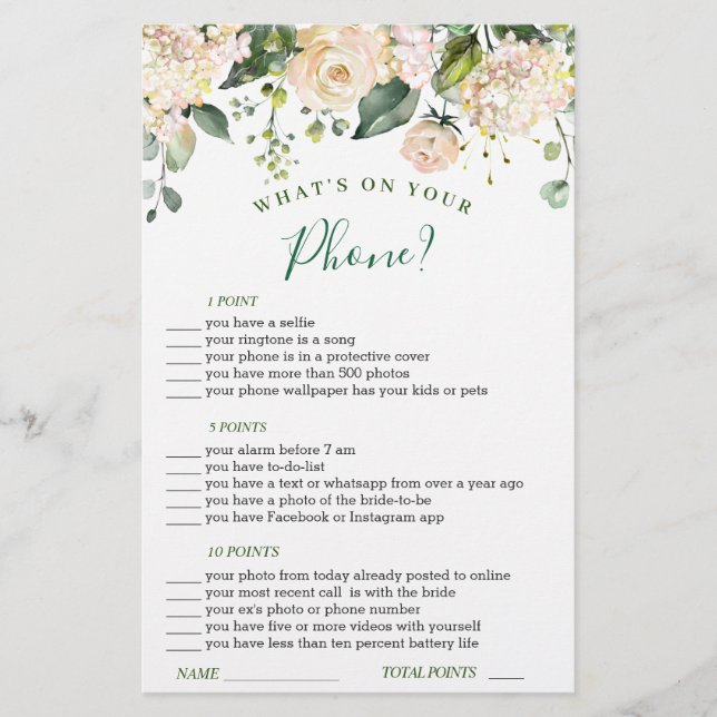 Pink Blush Flowers Greenery Bridal Shower Game (Front)