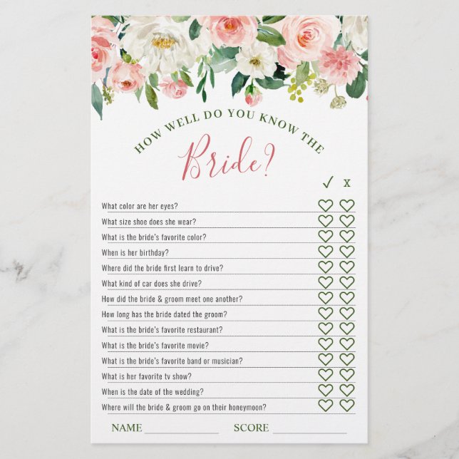 Pink Blush Flowers Greenery Bridal Shower Game (Front)
