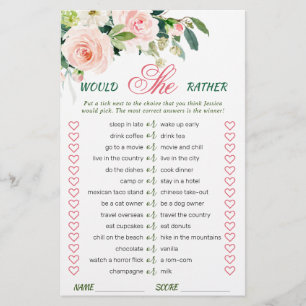 Pink Blush Flowers Greenery Bridal Shower Game